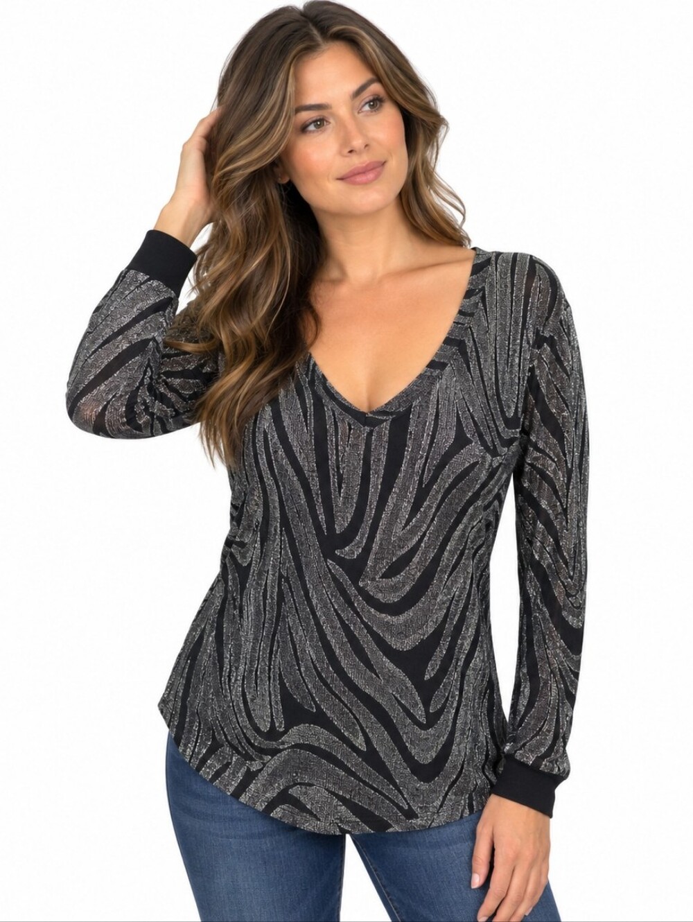 BKE Top XL Black Silver Metallic Zebra Print Sheer Y2K Long Sleeve
